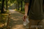 Anak Muda yang Menggendong Plastik Sampah Kecil dari Taman sampai Menemukan Tempat Sampah